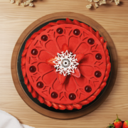 Draufsicht auf einen mit leuchtend rotem Zuckerguss dekorierten Kuchen, der mit geometrischen Mustern und kleinen Geleeperlen verziert ist, mit einer weißen Schneeflockendekoration in der Mitte.